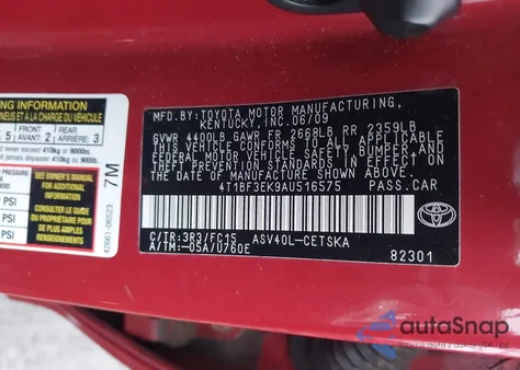 2010 Toyota Camry Se z USA, uszkodzony, nr VIN 4T1BF3EK9AU516575